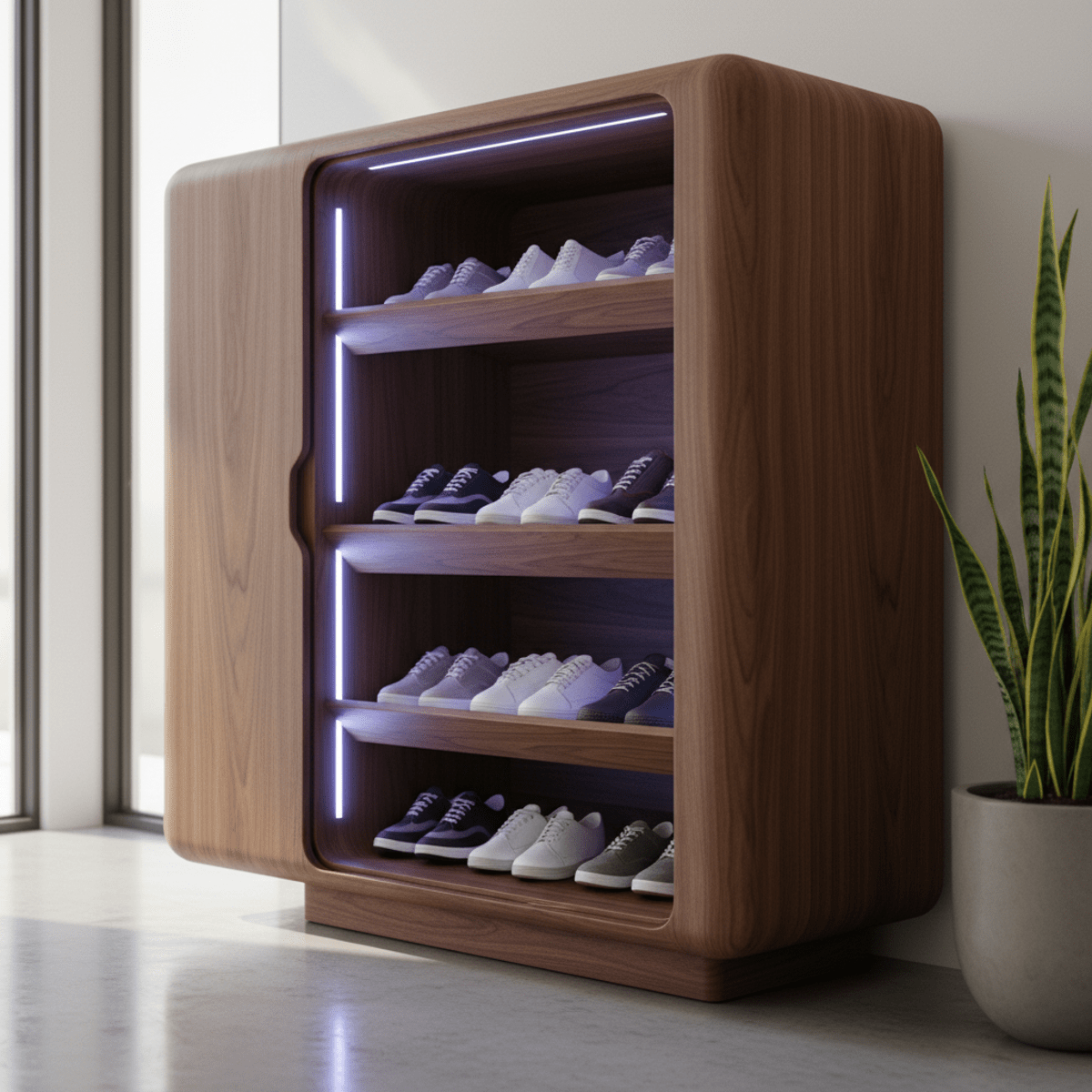 Futuristic smart shoe organizer cabinet with walnut veneer and UV-C sanitizing light.