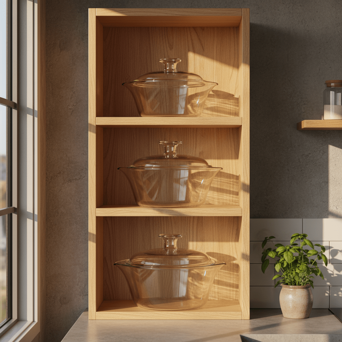 Modular glass cooking pots neatly arranged on wooden shelves in a modern kitchen.