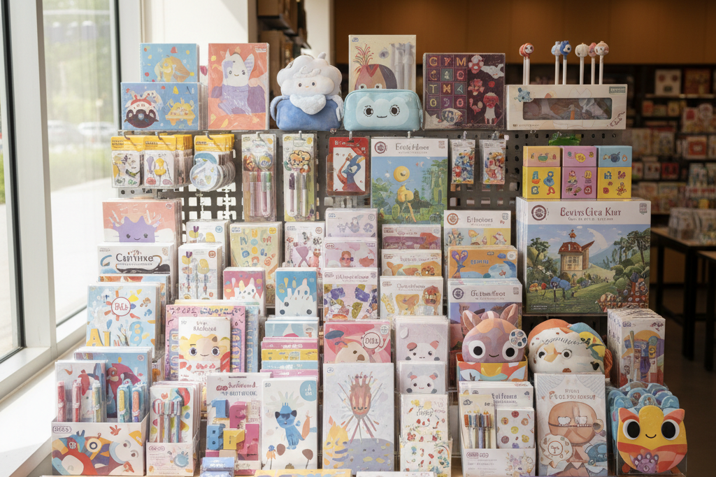 Retail table with generic character stationery and toys under natural light, showing literary event inventory