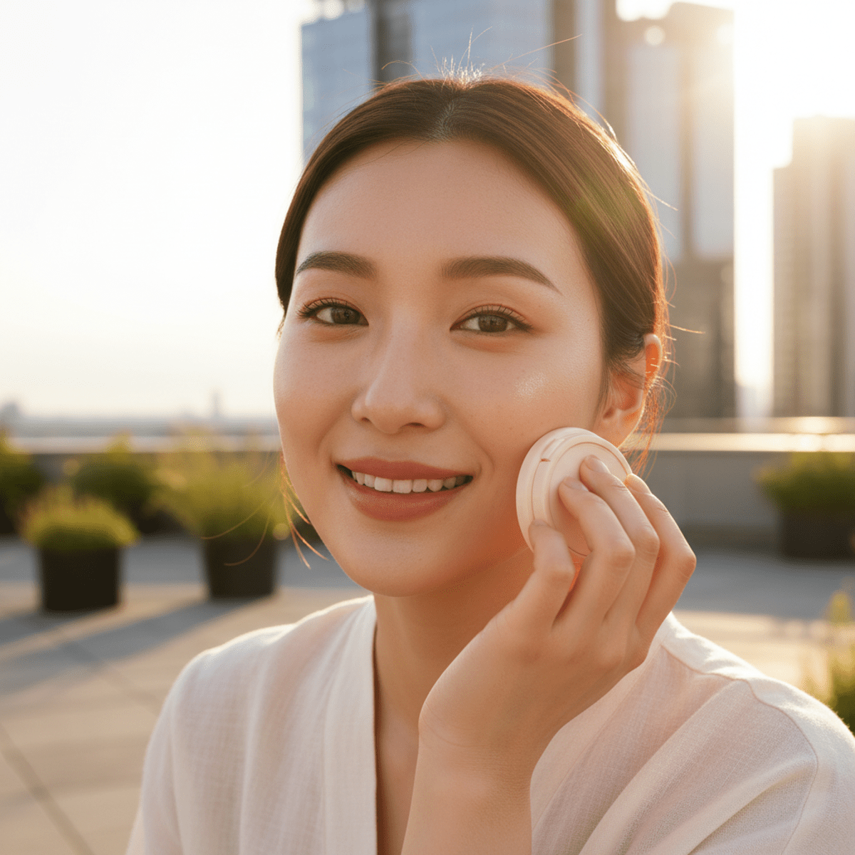 Model with smooth radiant skin applying lightweight foundation in golden hour light on a rooftop.