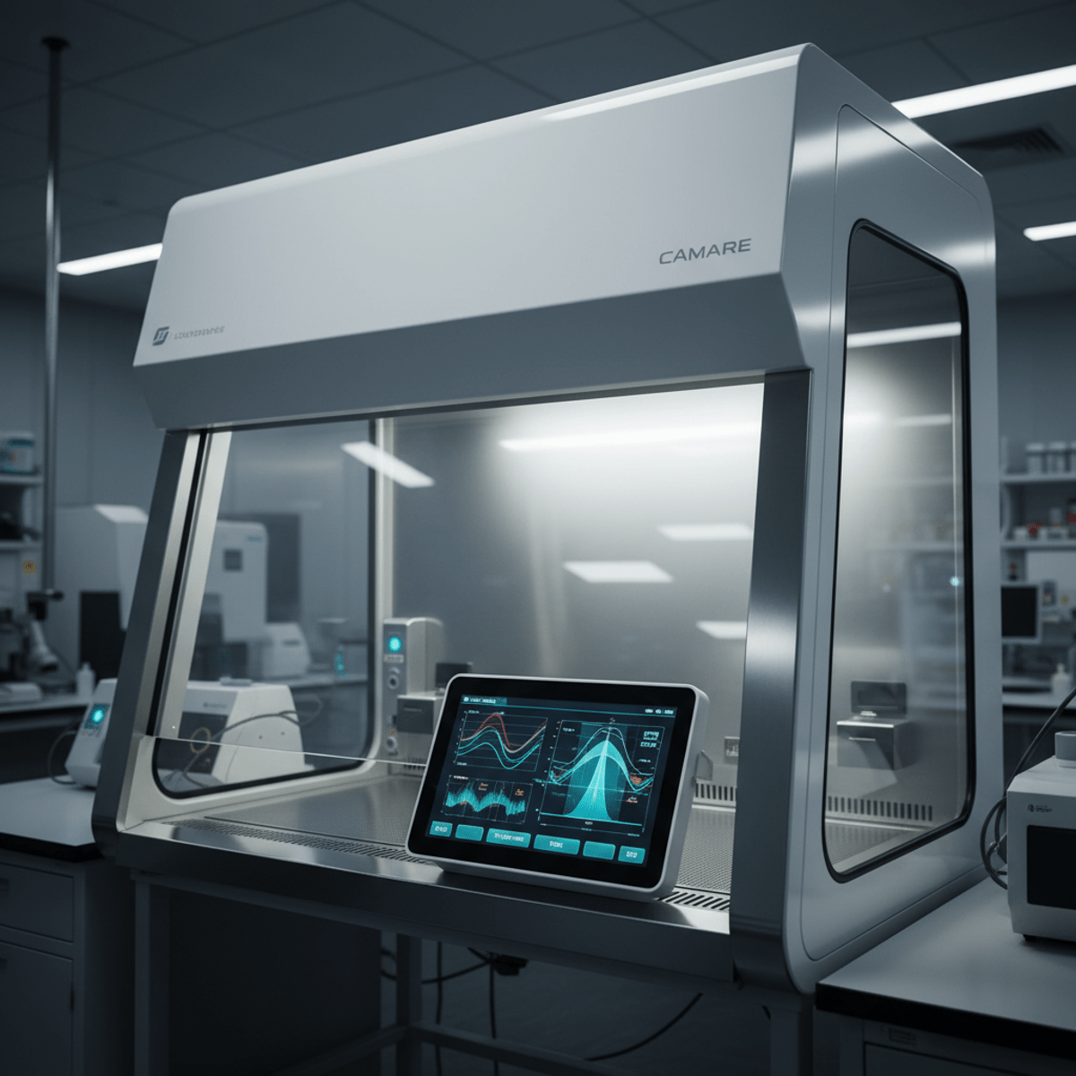 Sleek futuristic laminar flow hood with touchscreen displaying vibrant lab data.
