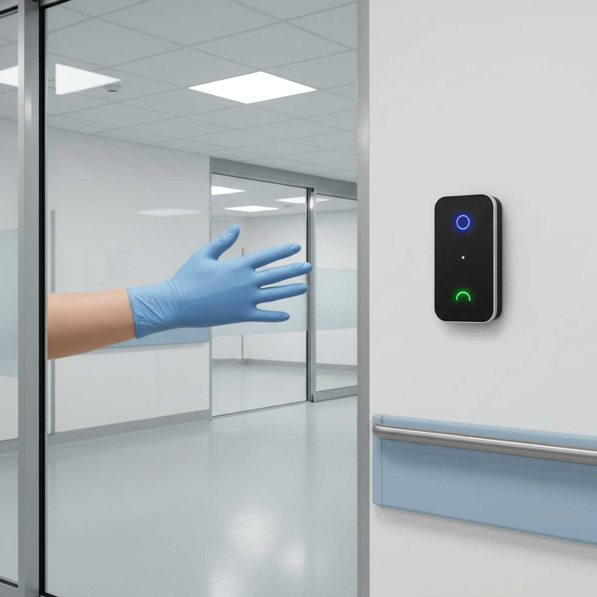 Gloved hand activates a gesture-controlled auto door opener in a sterile hospital hallway.