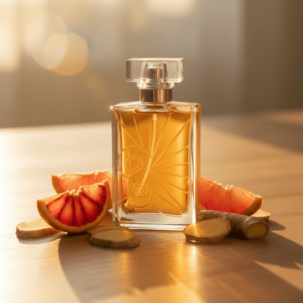 Glass cologne bottle with orange liquid, surrounded by citrus slices and ginger in golden light.