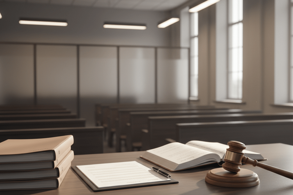 Wide shot of a courtroom desk with legal documents and a gavel under warm ambient lighting, symbolizing professional credibility