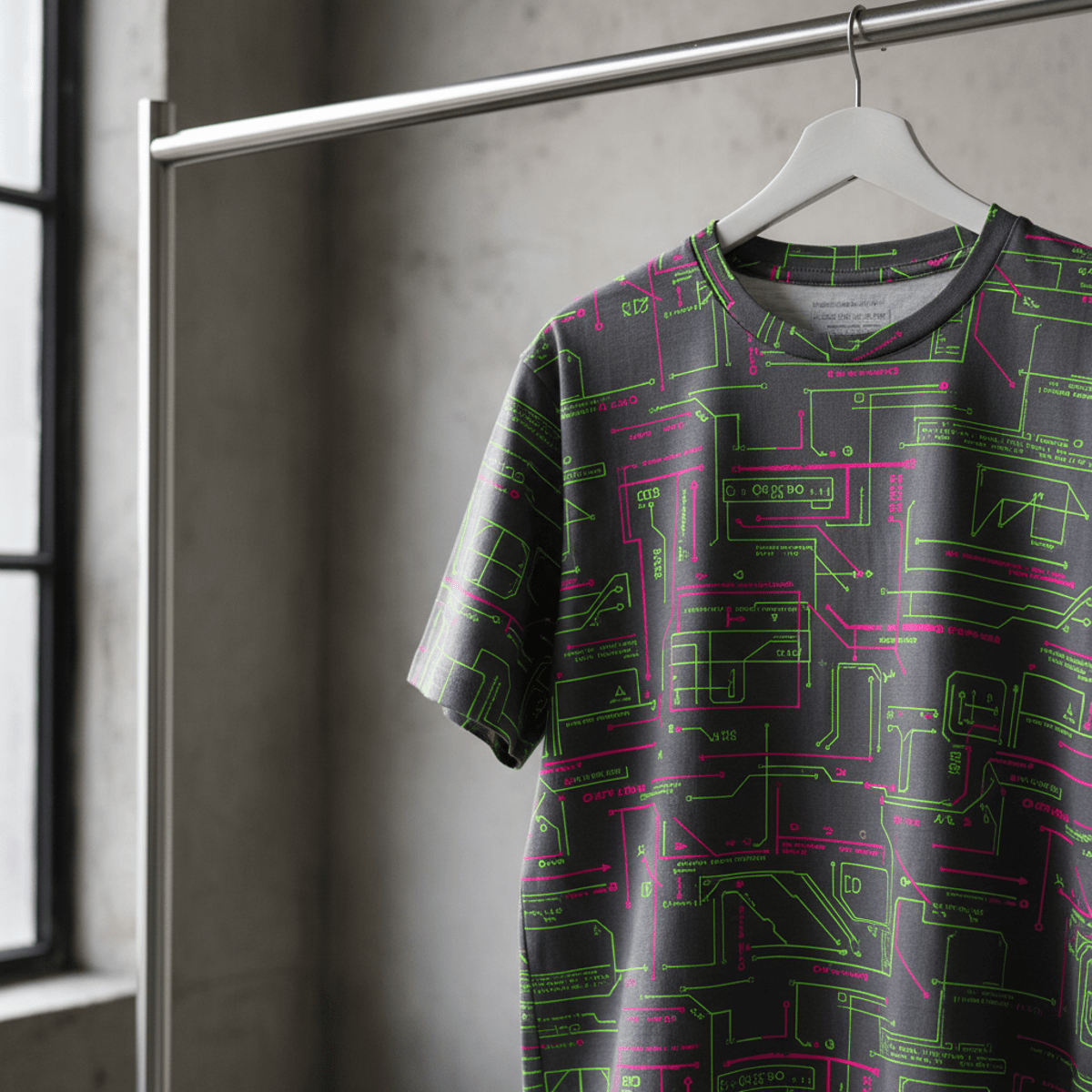 T-shirt with 80s sci-fi schematic patterns in neon lime and hot pink on charcoal.