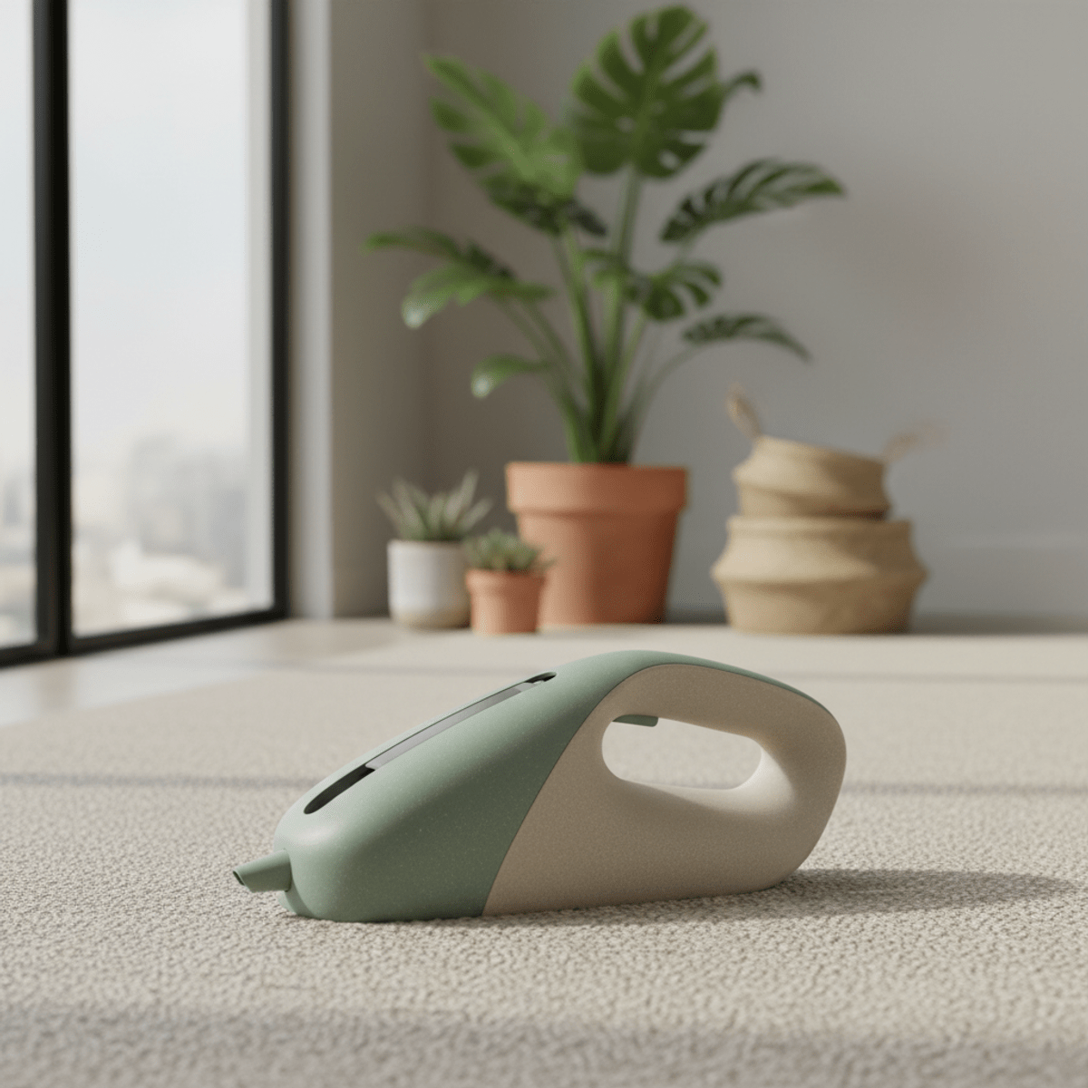 Eco-friendly handheld carpet cleaner on a minimalist rug. Handheld carpet cleaner made from recycled ocean plastic in a modern living room.
