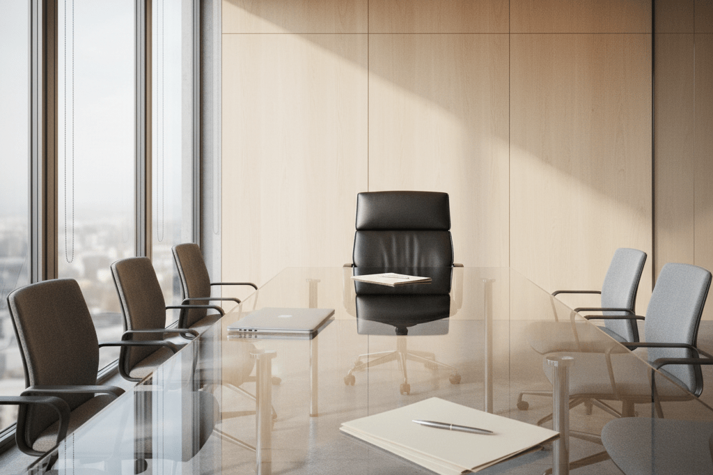 Modern office meeting room symbolizing post-leadership transition Wide shot of an empty meeting room with executive chair and documents under natural light, reflecting leadership succession