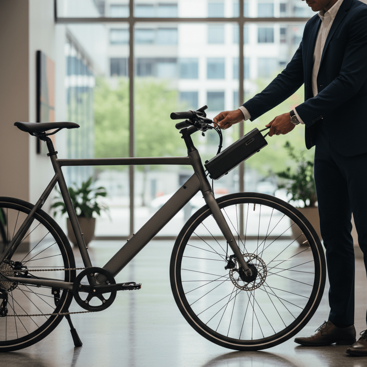 Commuter removes slim black battery from sleek urban e-bike in modern office.