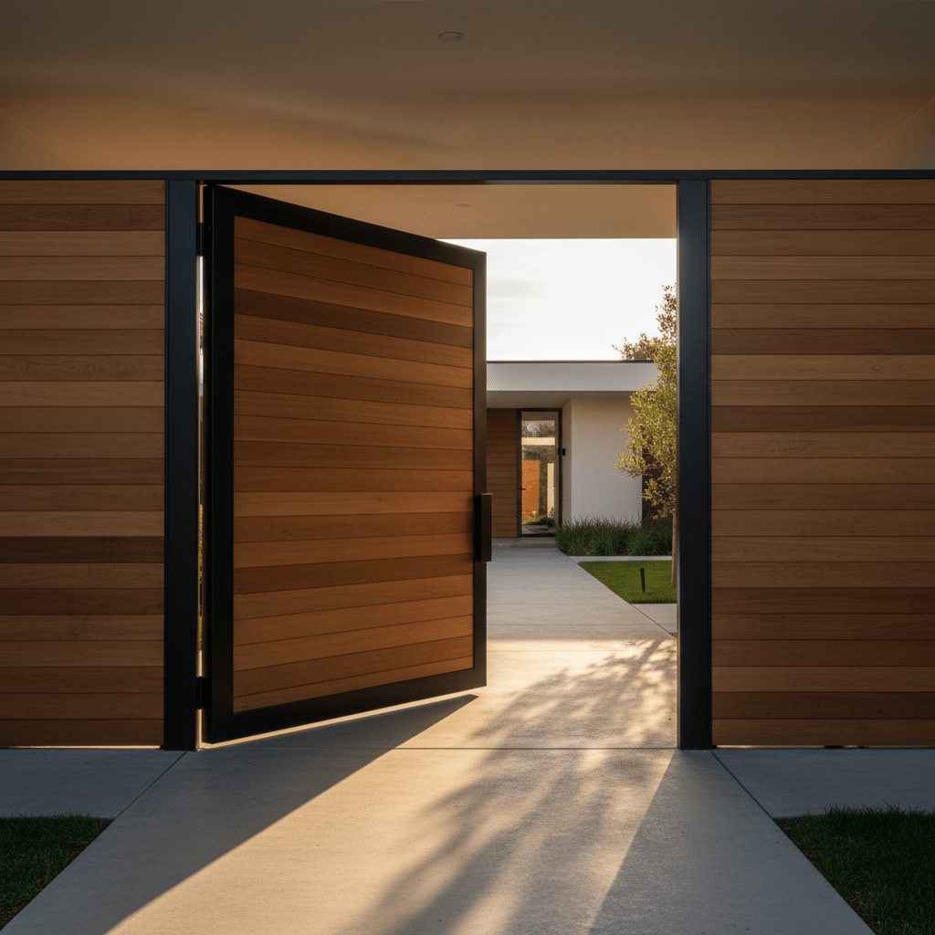 Minimalist cedar gate with natural wood grain sweeps open in golden hour light.
