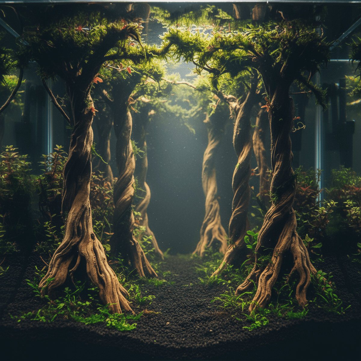 Aquarium with driftwood, moss, and dark soil under simulated sunlight beams.