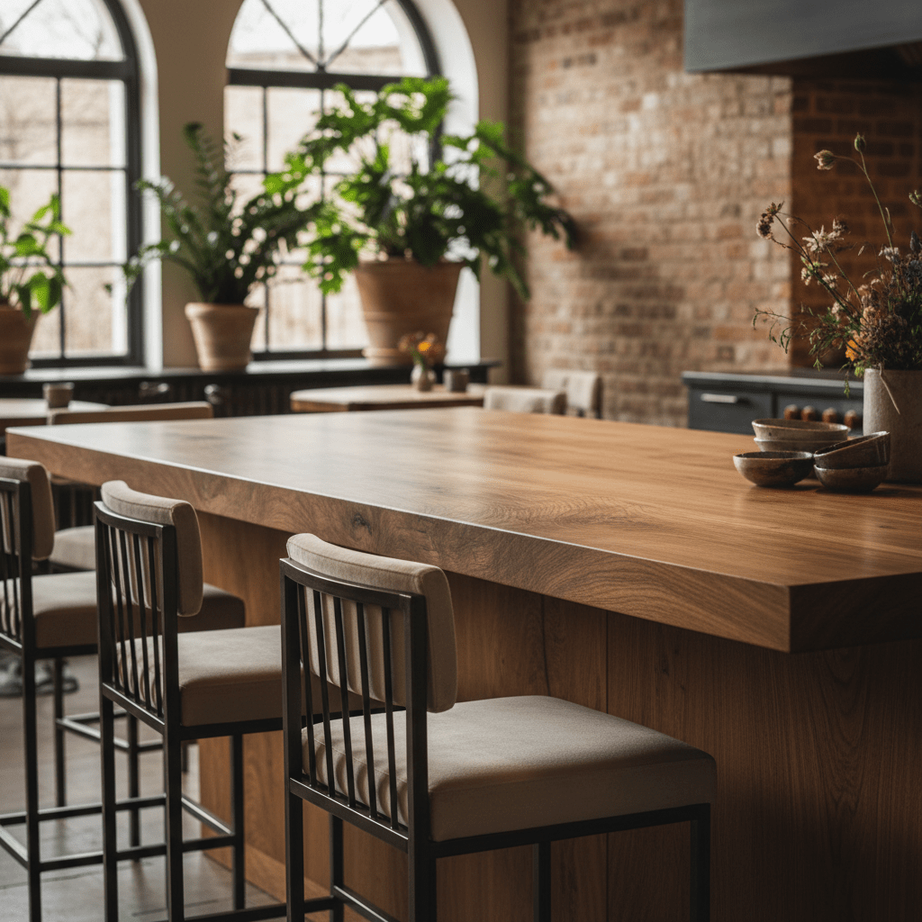 Custom honey oak kitchen island slab with smooth satin finish and visible wood grain.