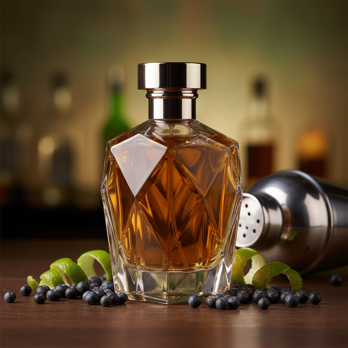 Crystal cologne bottle with golden liquid, juniper, and lime on a wooden bar.