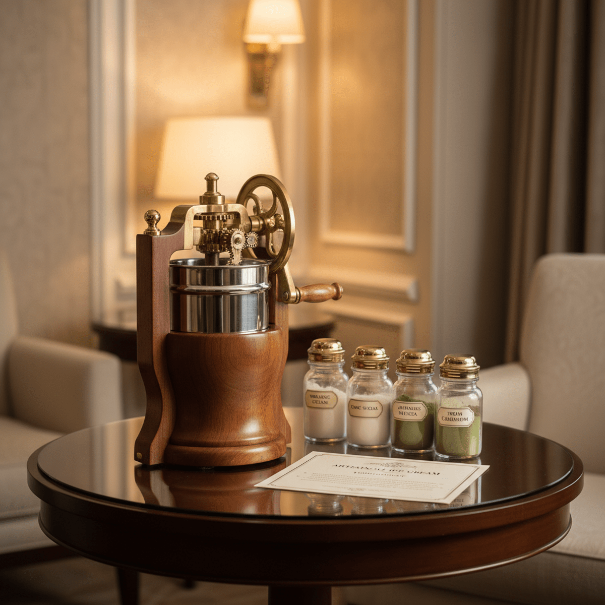 Elegant hand crank ice cream maker with wood body and brass accents on a luxury table.