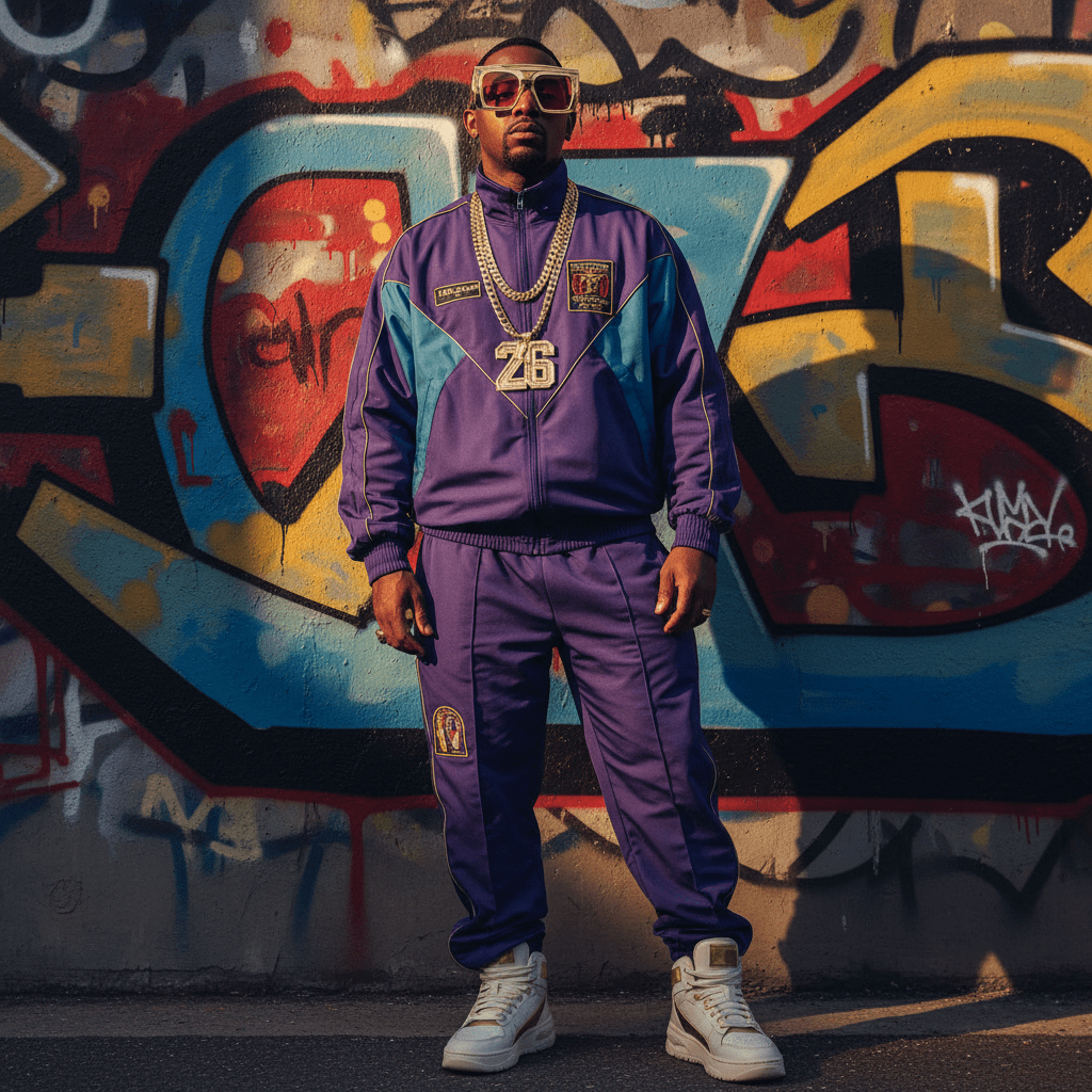 Man in 80s hip hop style with geometric gold eyewear and tracksuit.
