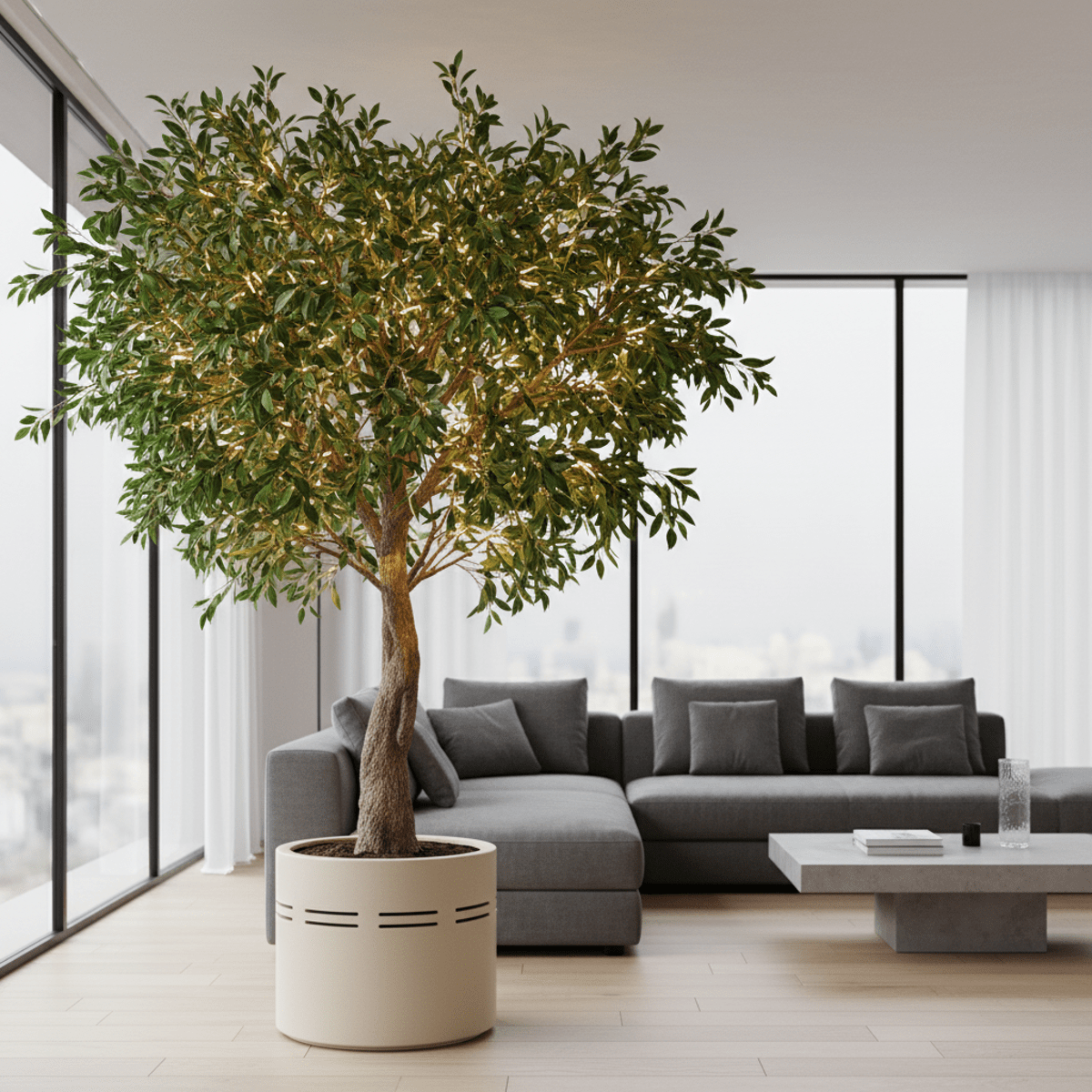 Indoor faux ficus tree with micro-LED lights in a modern living room.