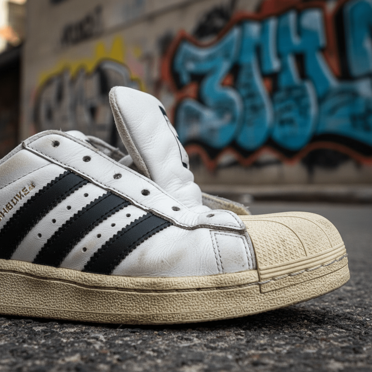 Close-up of a laceless white leather sneaker with bold rubber toe against graffiti walls.