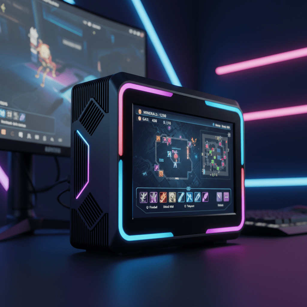 High-tech CPU cooler with integrated display showing real-time strategy game interface.