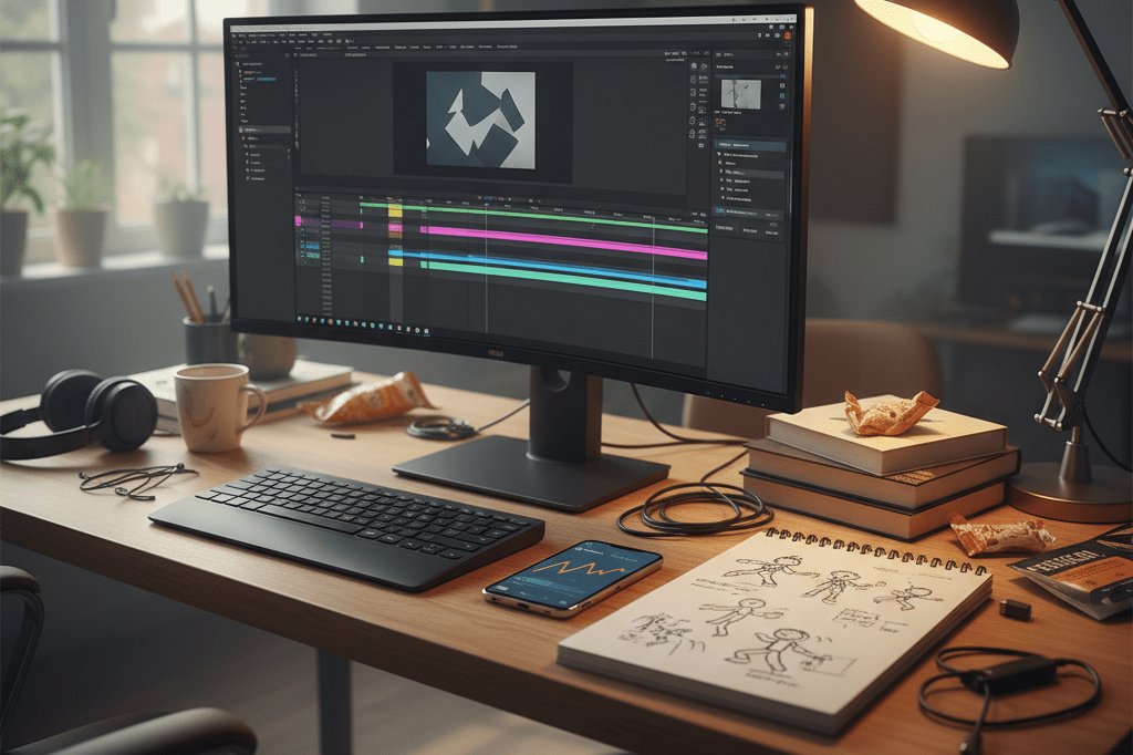 Desk setup featuring a monitor, notepad, and smartphone under natural light, symbolizing digital content creation
