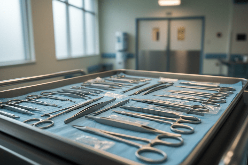 Close-up of surgical tools on a tray under ambient lighting, highlighting sterilization protocol lapse
