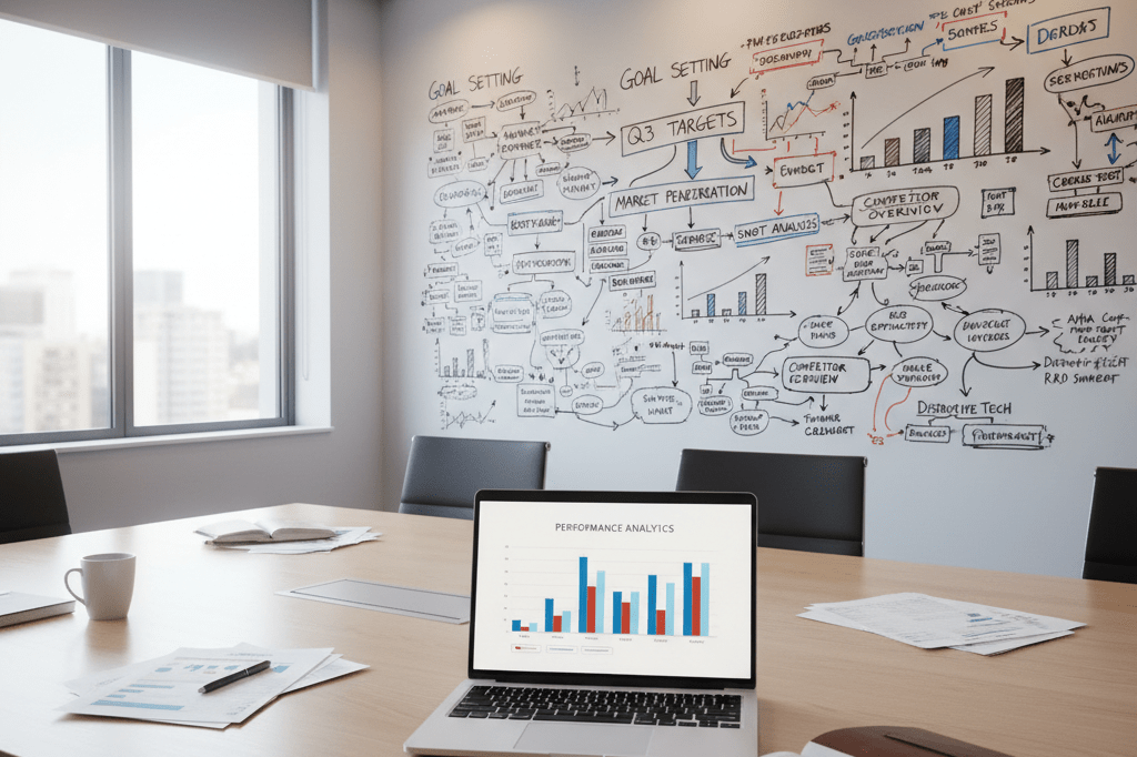 Wide shot of a meeting room with whiteboards, notebooks, and laptops under natural light, symbolizing high-level strategy sessions