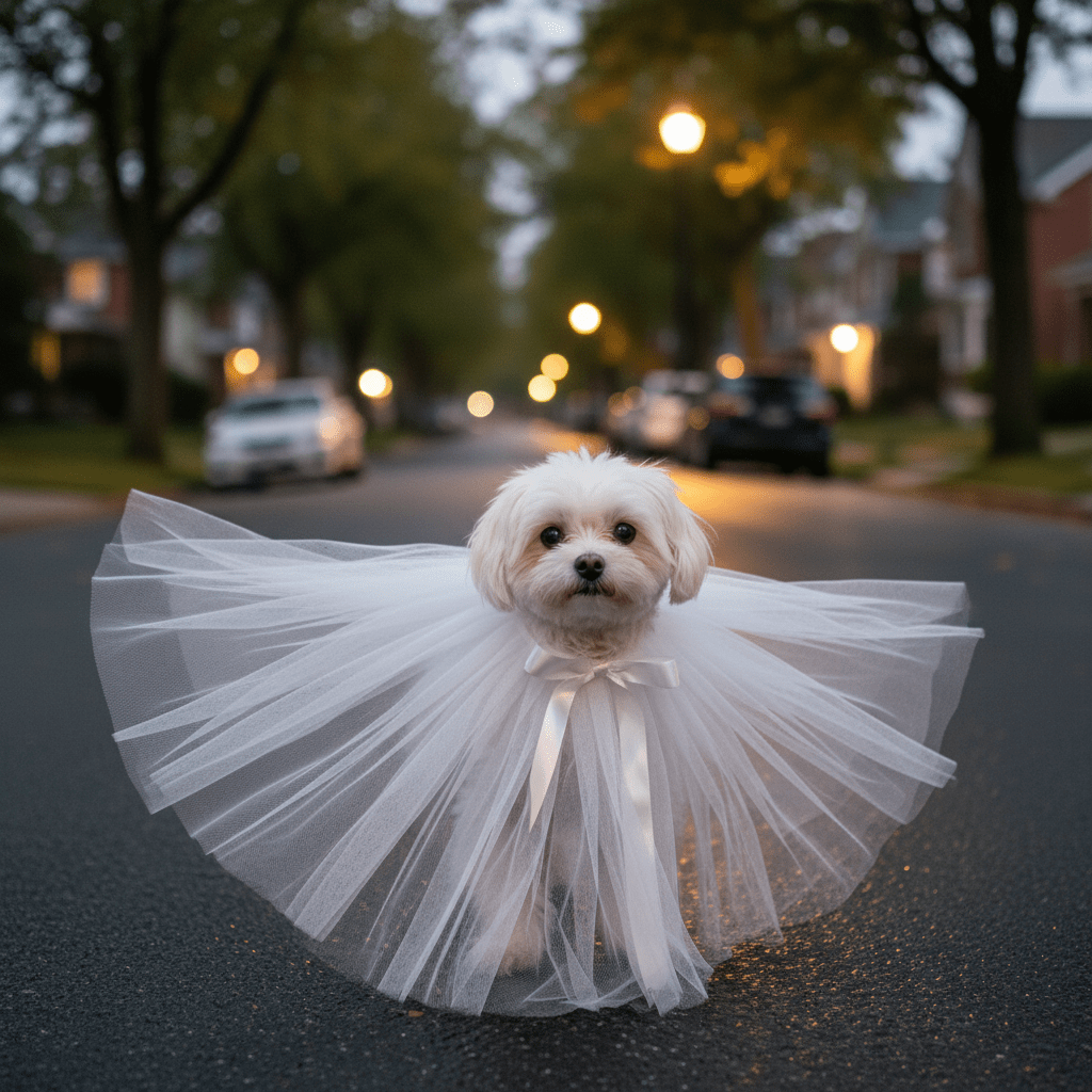 Small dog in ethereal white tulle ghost costume on a street.