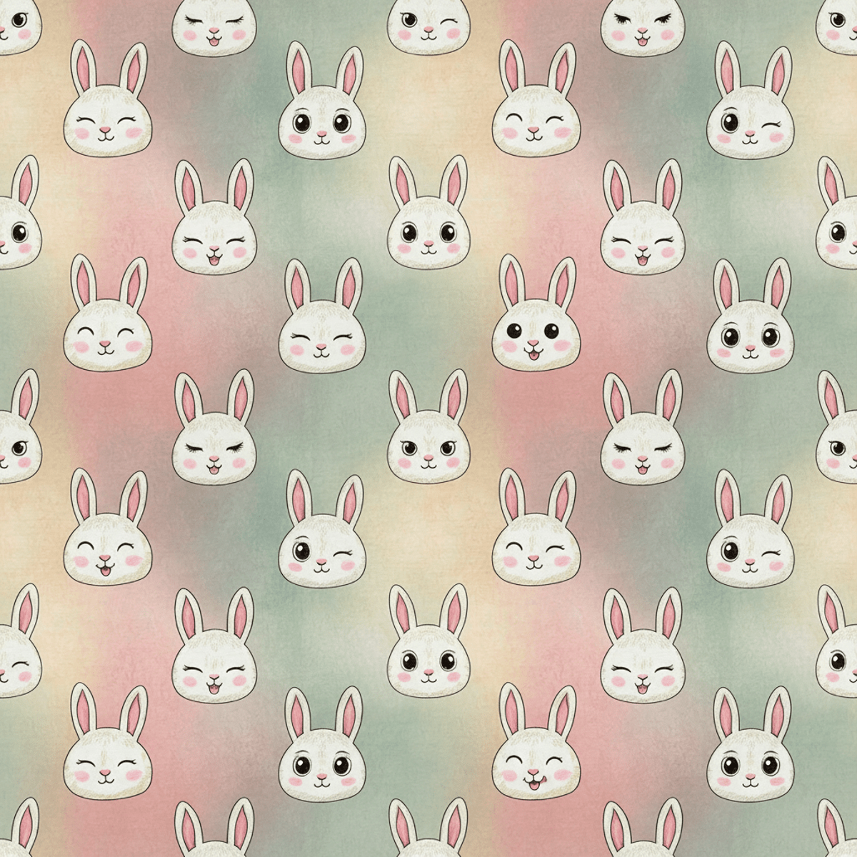 Seamless textile pattern of whimsical bunny heads with varied expressions on pastel backgrounds.