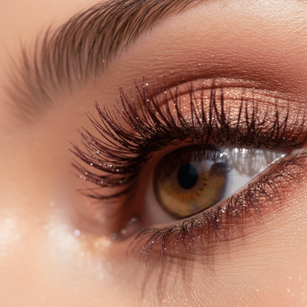Extreme close-up of an eye with burgundy fiber mascara and diamond dust shimmer.