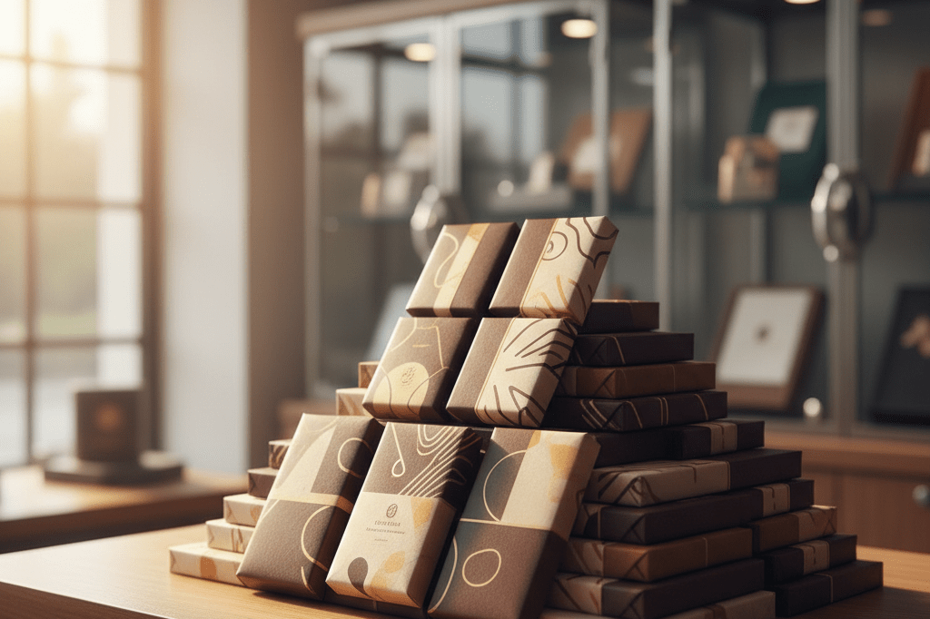 Stacked premium chocolate bars inside a secure glass display case under warm ambient store lighting