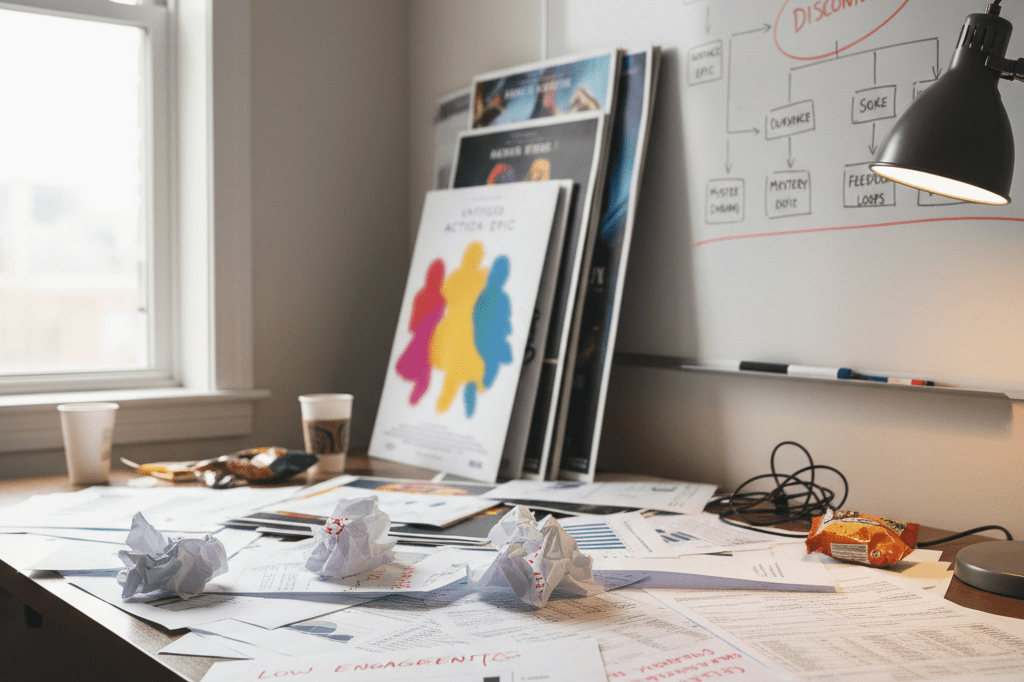Cluttered marketing table with survey sheets and charts under warm light symbolizing box office failure analysis