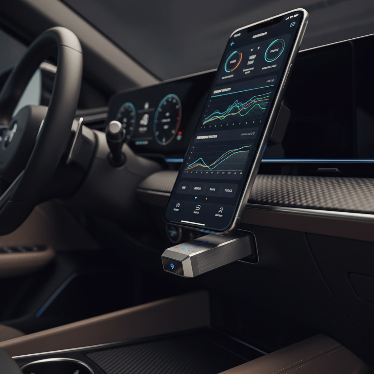 Futuristic OBD scanner dongle inserted under steering column with data visualization.