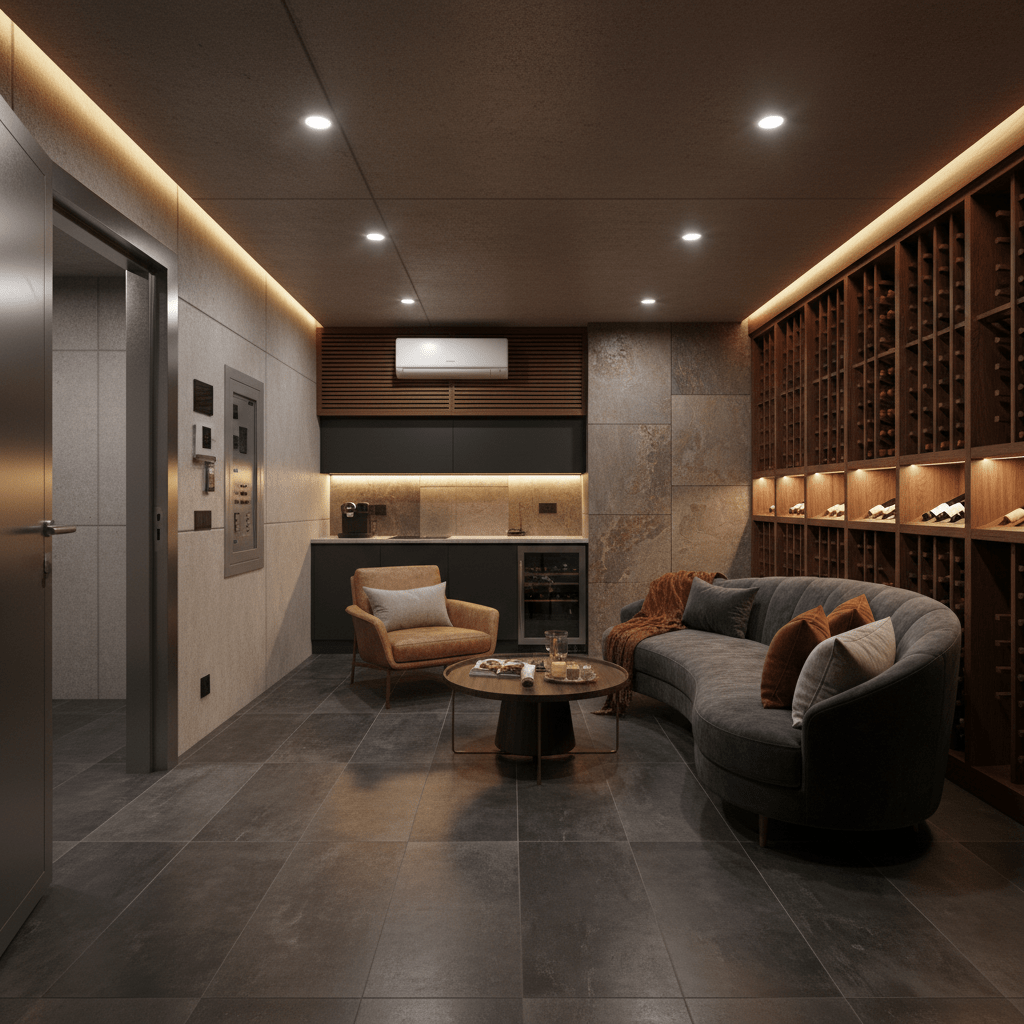 Sleek modern bunker integrated into a home basement, serving as a wine cellar and safe room.