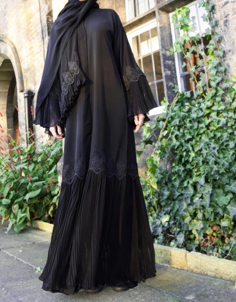 BYWX Women Middle East Glitter Sequins Stripe Muslim Open Front Cardigan Robe Dress