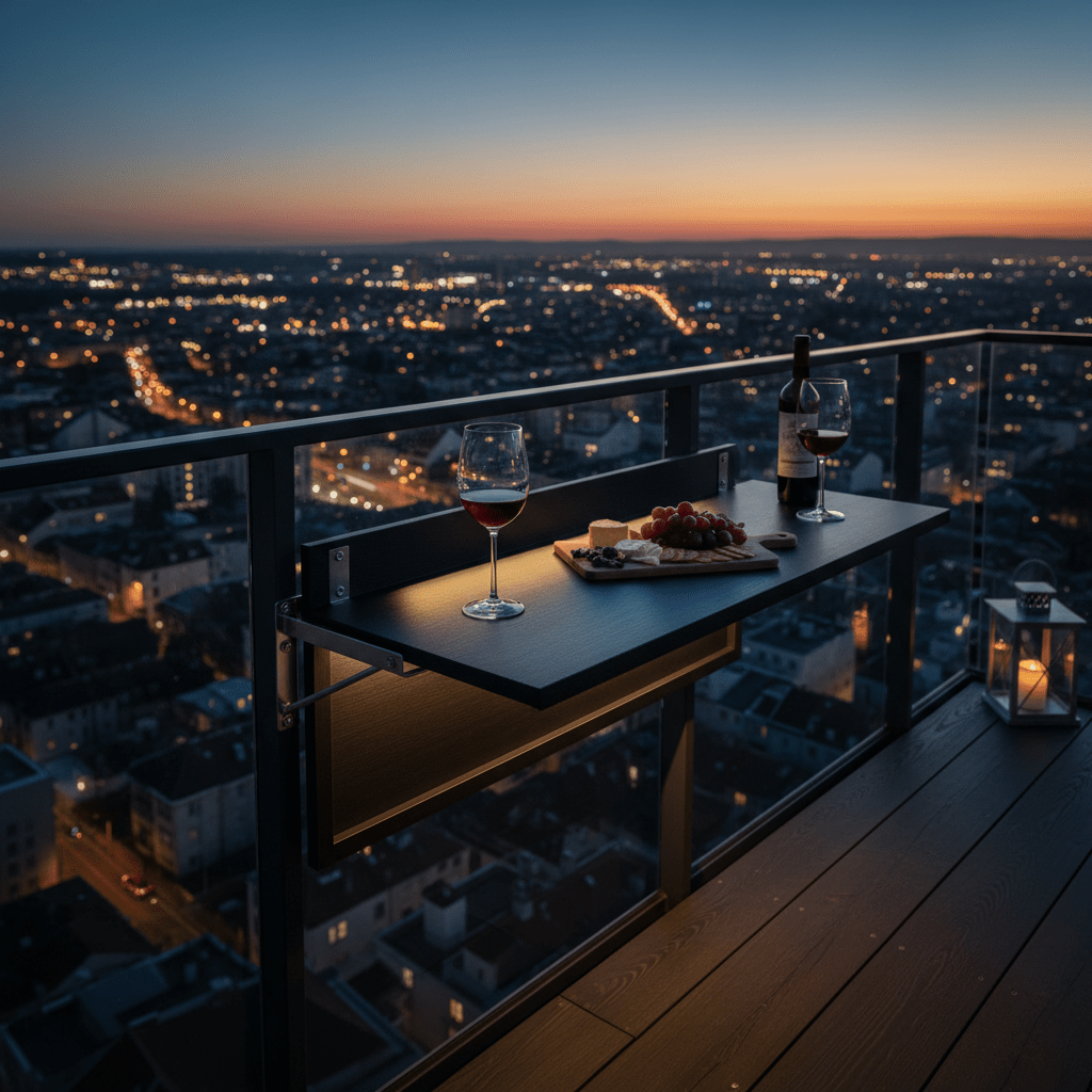 Matte black foldable balcony table with wine glass holders at twilight.