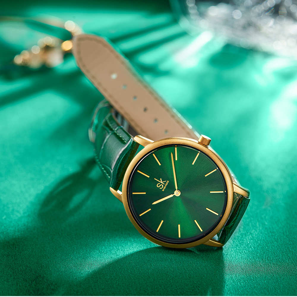 Shengke Women's Watches Fashion Green Dial Ladies Watch Luxury Ultra Thin Female Quartz Wristwatch Green Leather Relojes K0134