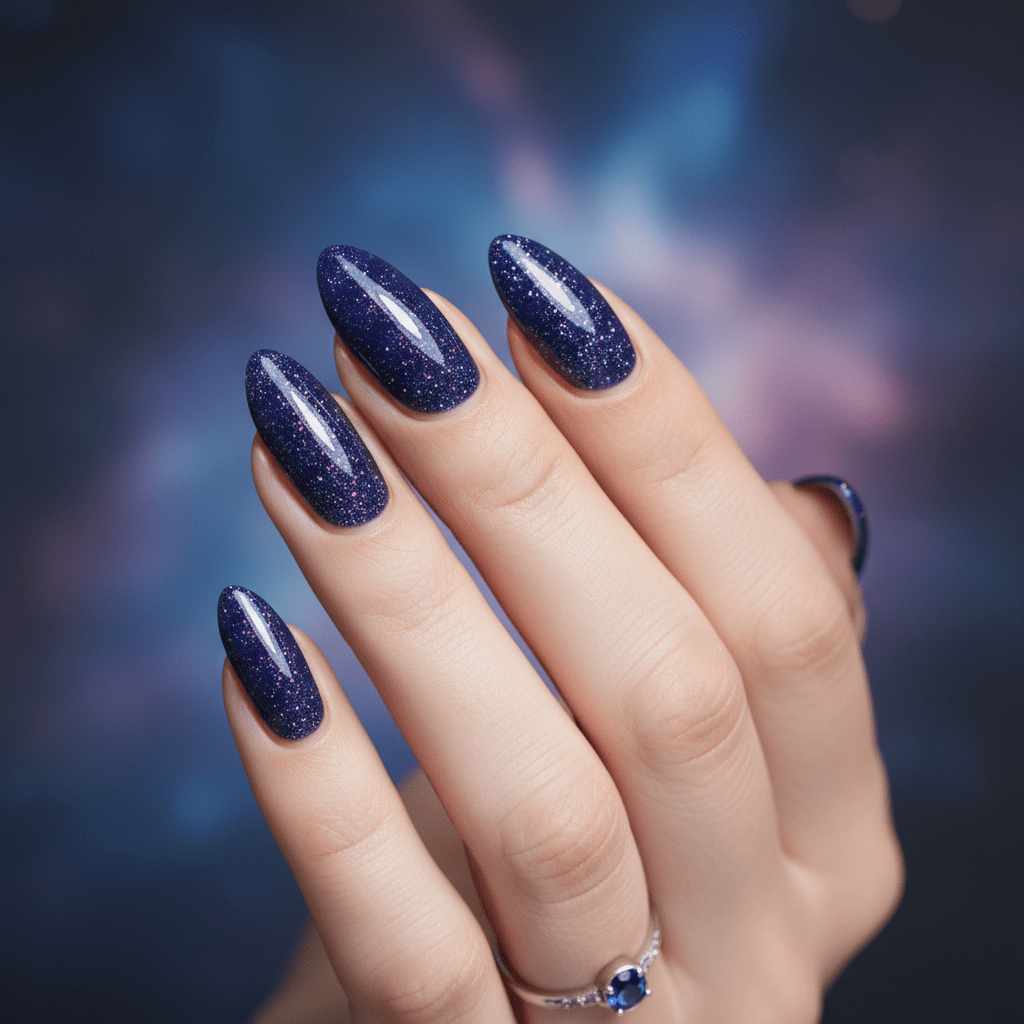 Close-up of deep indigo galaxy nails with silver and violet shimmer against cosmic nebula.