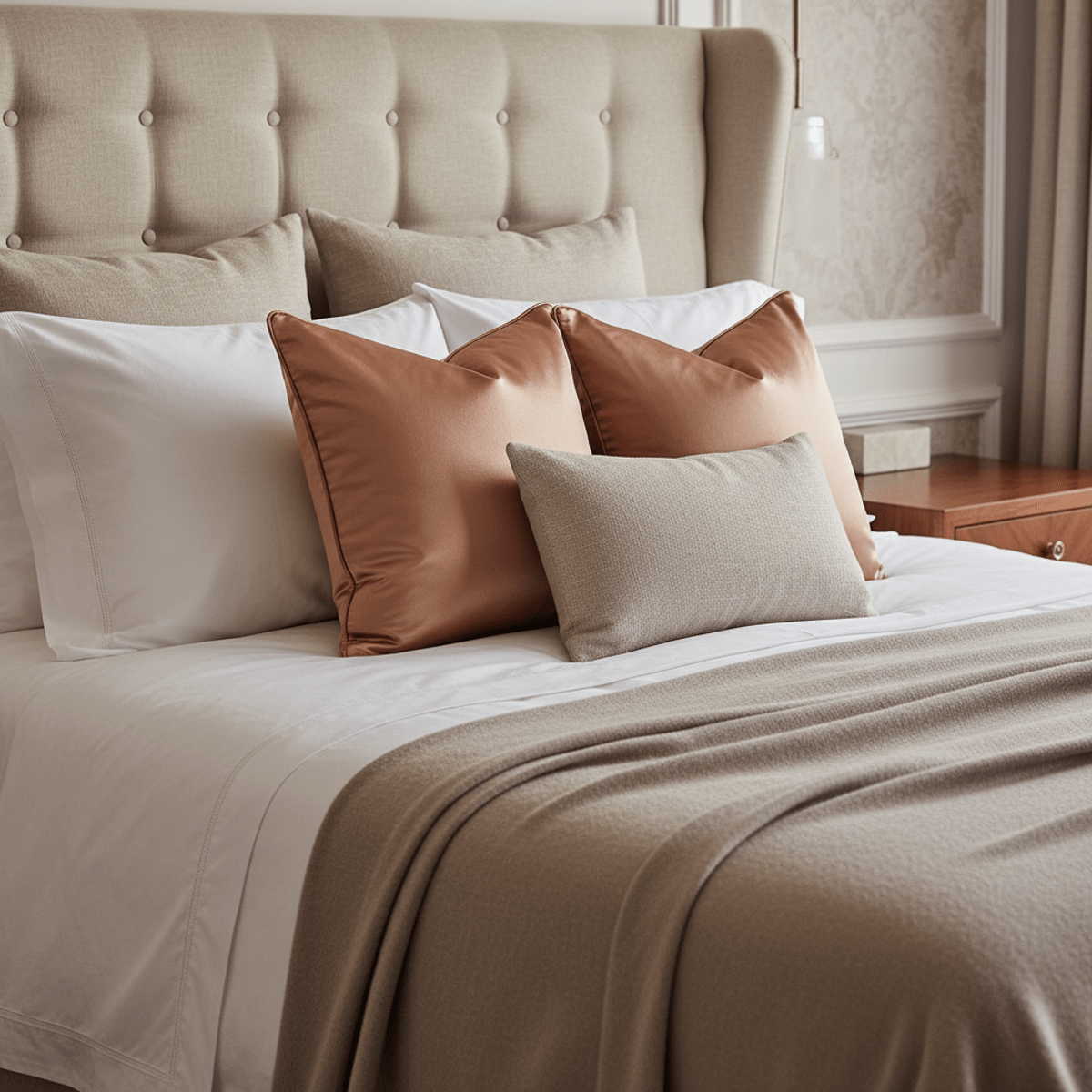Opulent bedroom with copper pillowcases and luxurious linen bedding.