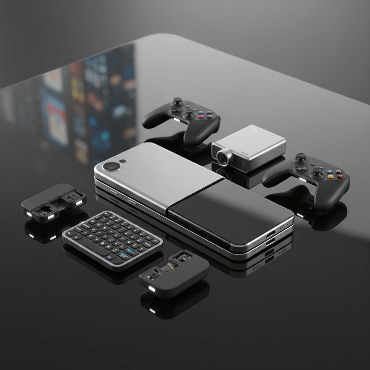Futuristic modular slider phone with interchangeable modules and magnetic connections.