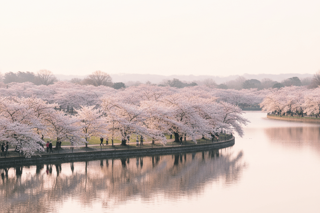 Serene Tidal Basin cherry blossoms in full bloom Wide-angle view of blooming Yoshino cherry trees by the Tidal Basin under natural morning light, showcasing vibrant spring scenery
