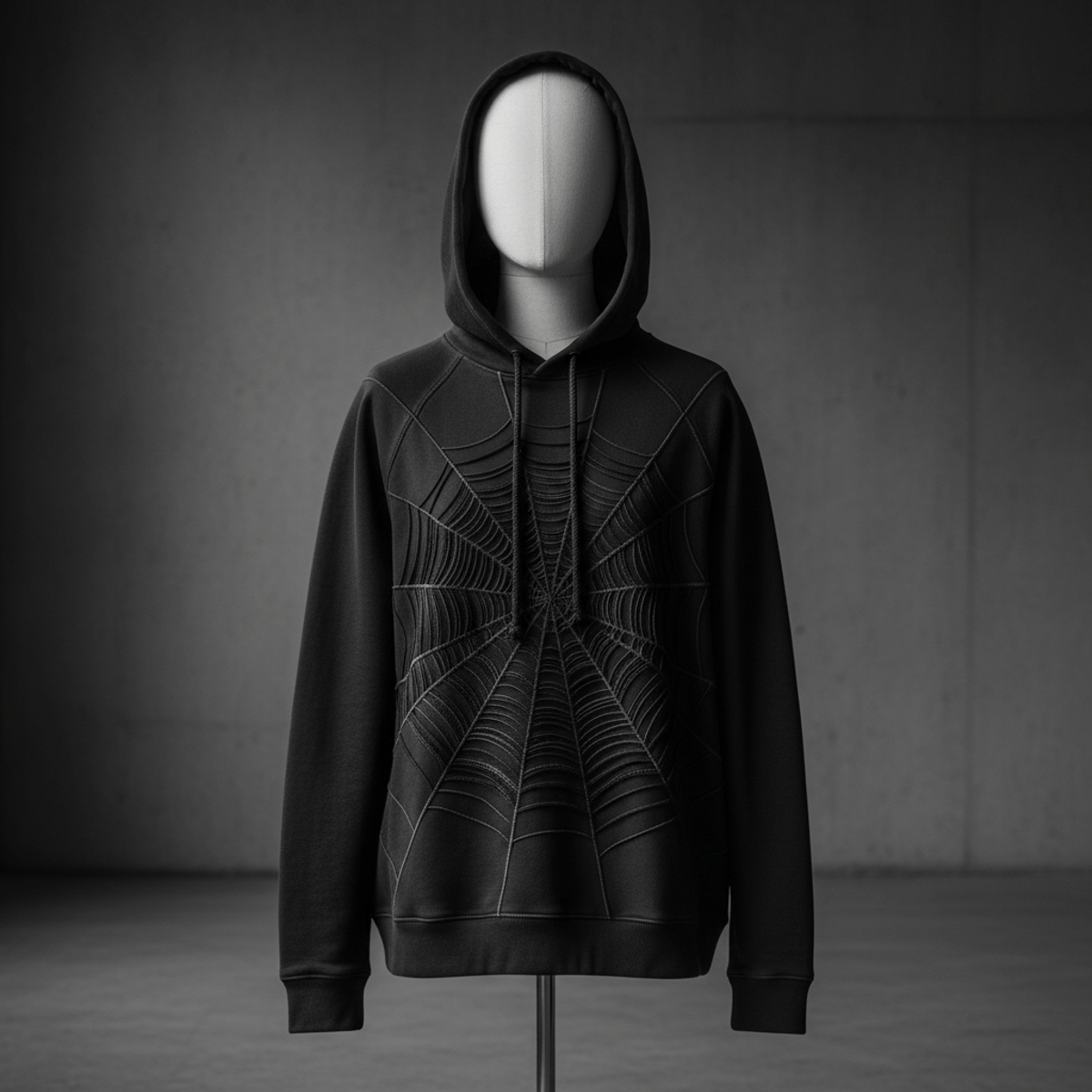 Luxury black hoodie featuring an intricate tonal spiderweb embroidery on heavyweight organic cotton.