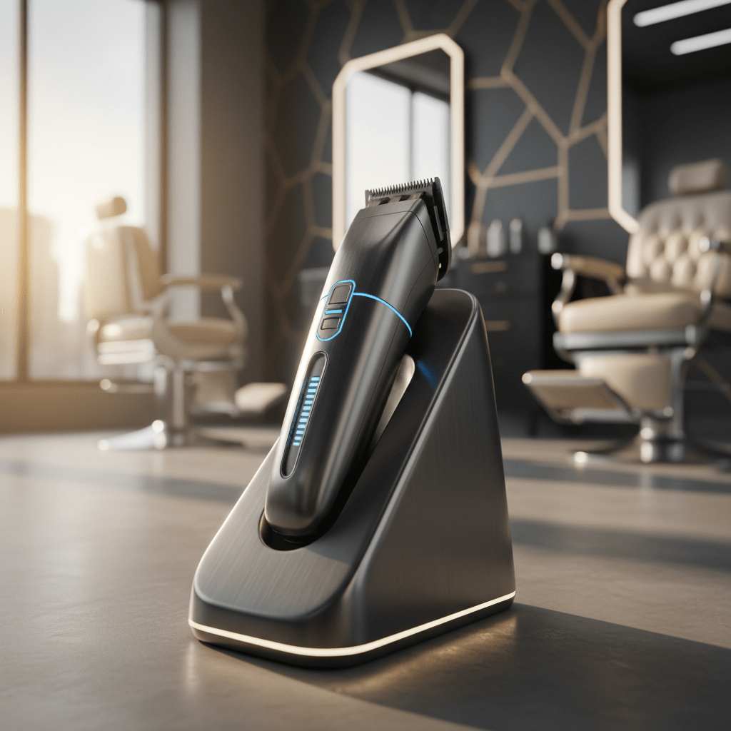 Close-up of futuristic fade clippers on a dark titanium charging stand.