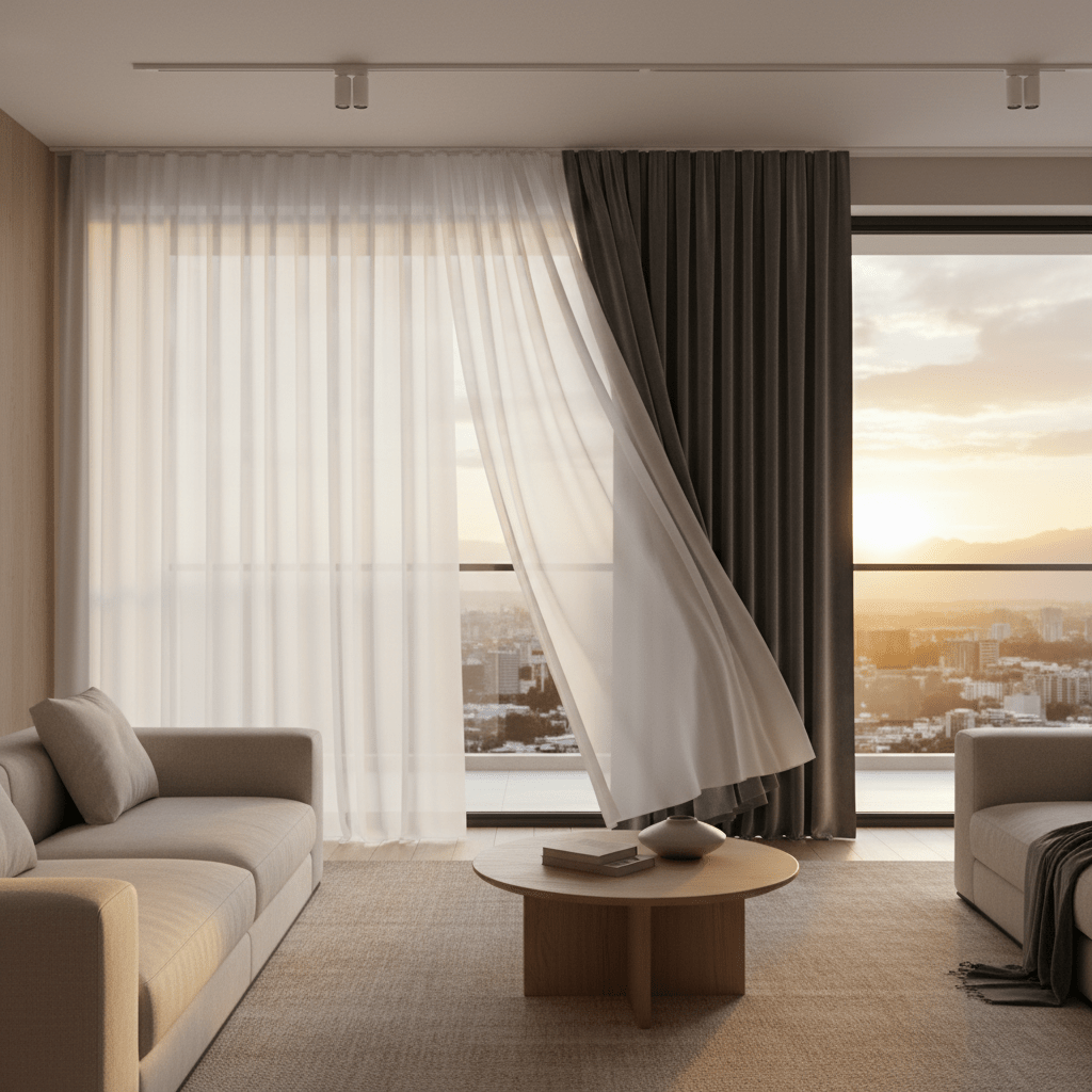 Modern living room with dual-track automatic curtains in transition, filtering soft daylight.