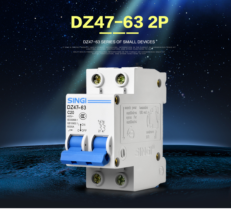 Singi DZ47-63 2P C20 performance heat resistant University mcb miniature circuit breaker electric safety air switch