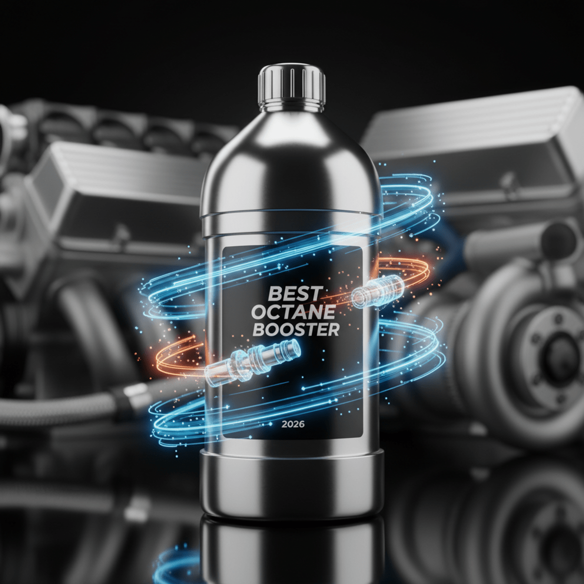 Sleek metallic bottle with holographic graphics showing carbon deposit removal.