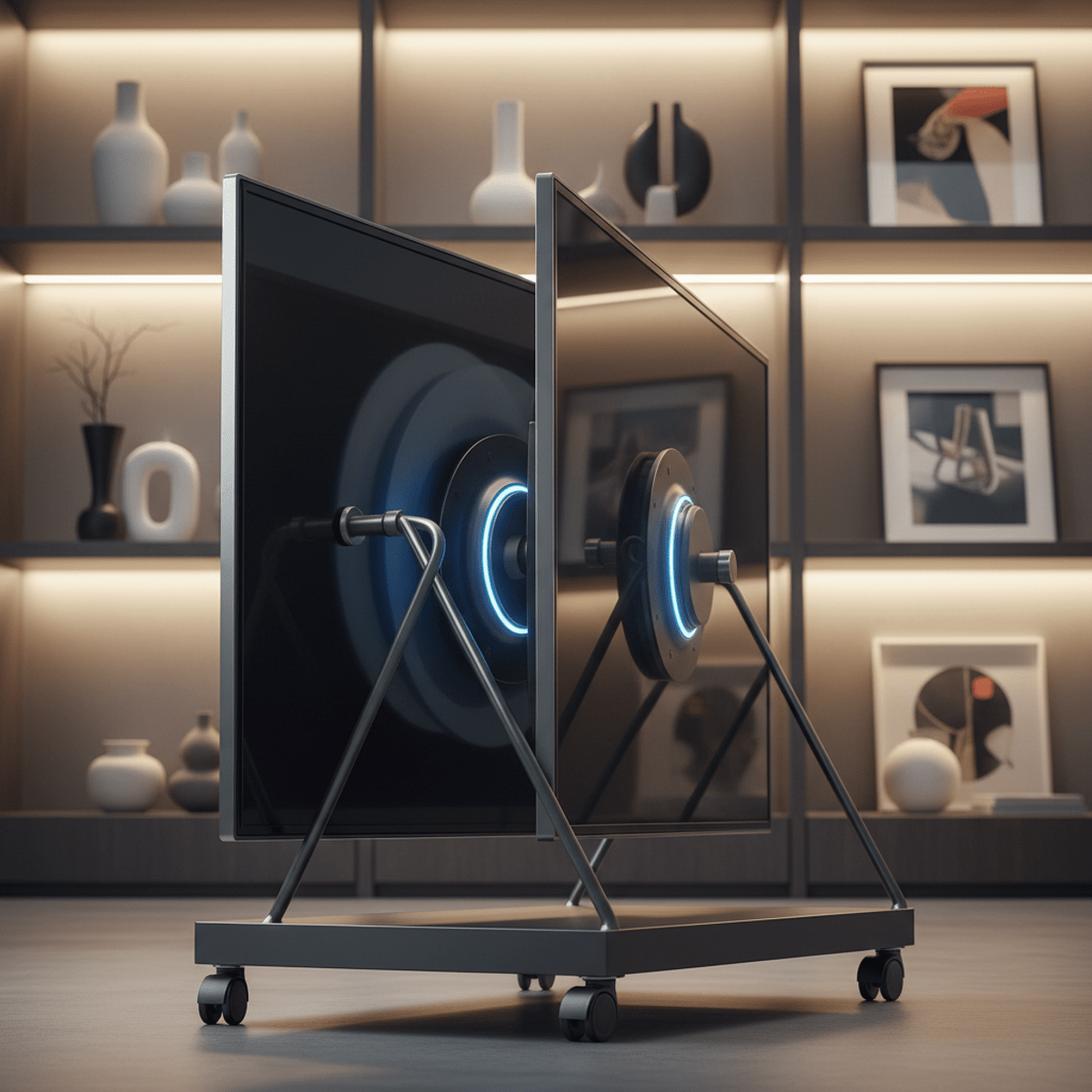 Portable TV with matte charcoal finish rotating between landscape and portrait modes.