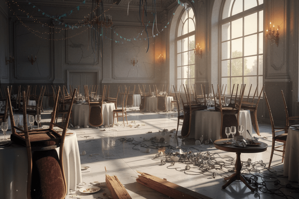 Wide shot of abandoned event venue with fallen beams and scattered decor under natural light, emphasizing safety oversight consequences