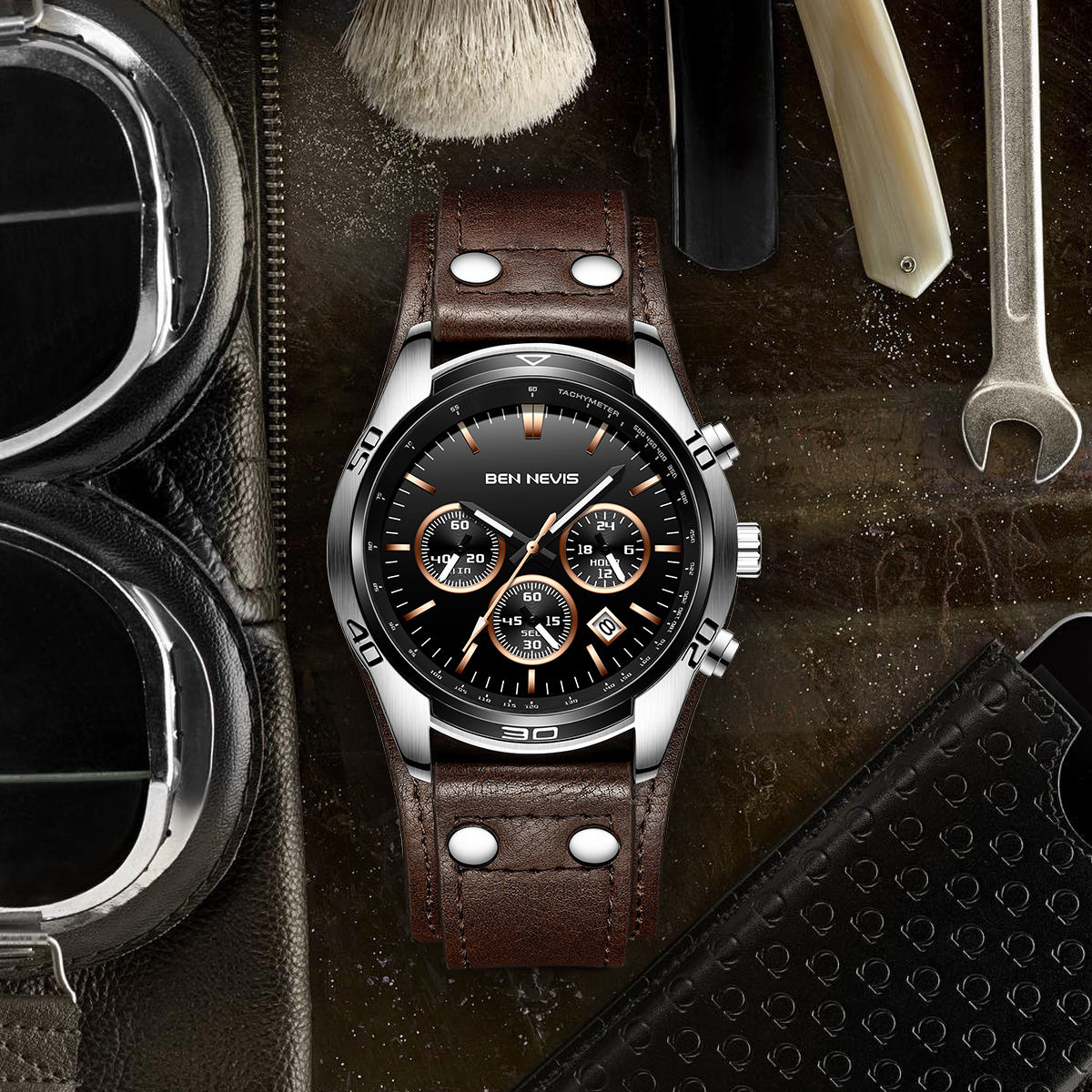 3atm防水中式石英机芯计时手表棕色皮革原装手表带时尚男士watch6017g