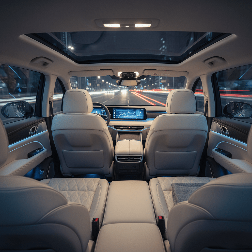 Calm, lounge-like SUV interior with ambient LED lighting. Luxurious SUV cabin with cascading blue ambient LED lighting and soft leather upholstery.