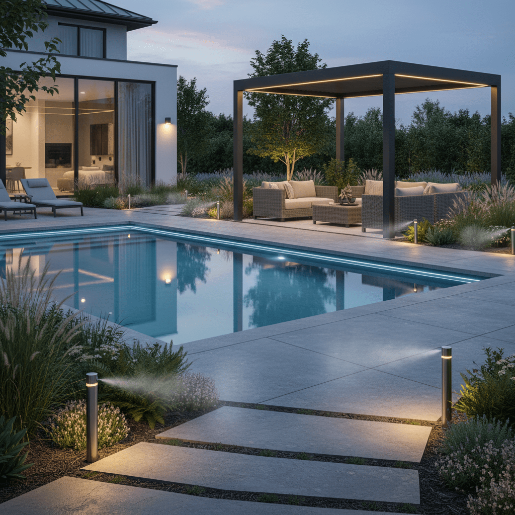 Contemporary backyard with smart mosquito fogger system and ambient LED lighting.