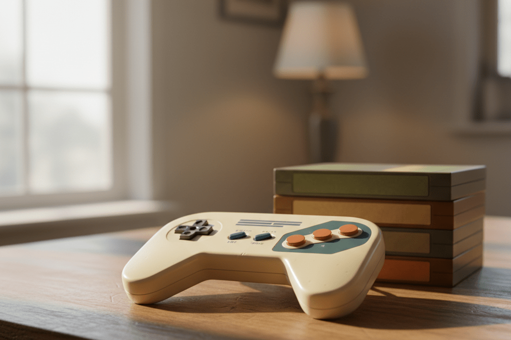 Close-up view of a retro gaming controller and game cartridges under natural light, evoking vintage gaming nostalgia