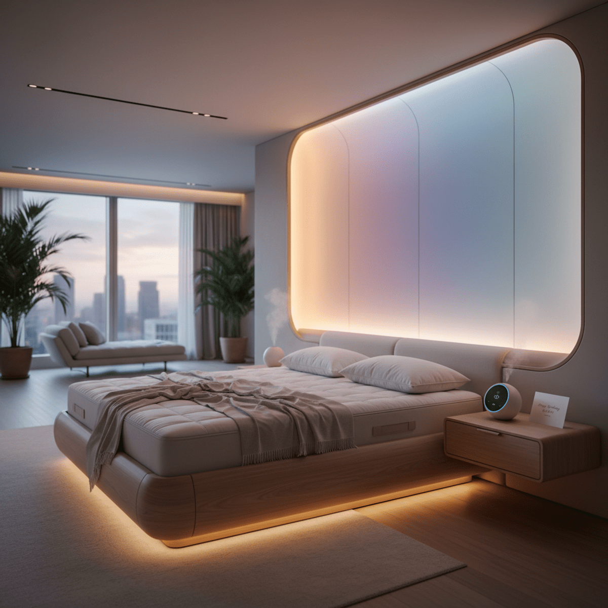 Elegantly designed sleep enhancement setup with high-tech devices and circadian lighting.